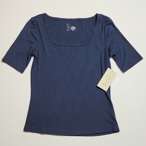 Joie Navy Blue Square Neck Ribbed Short Sleeve Modal Top Small NWT